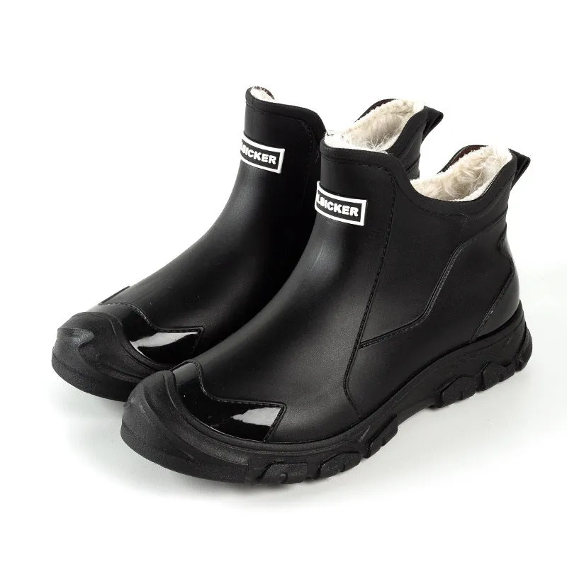 Large size fixed velvet rain boots in beige for men and women PVC upper round toe flat heel