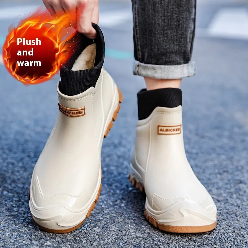 Large size fixed velvet rain boots in beige for men and women PVC upper round toe flat heel