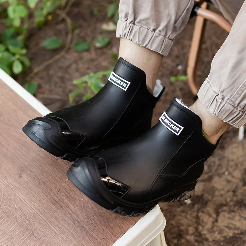 Large size fixed velvet rain boots in beige for men and women PVC upper round toe flat heel