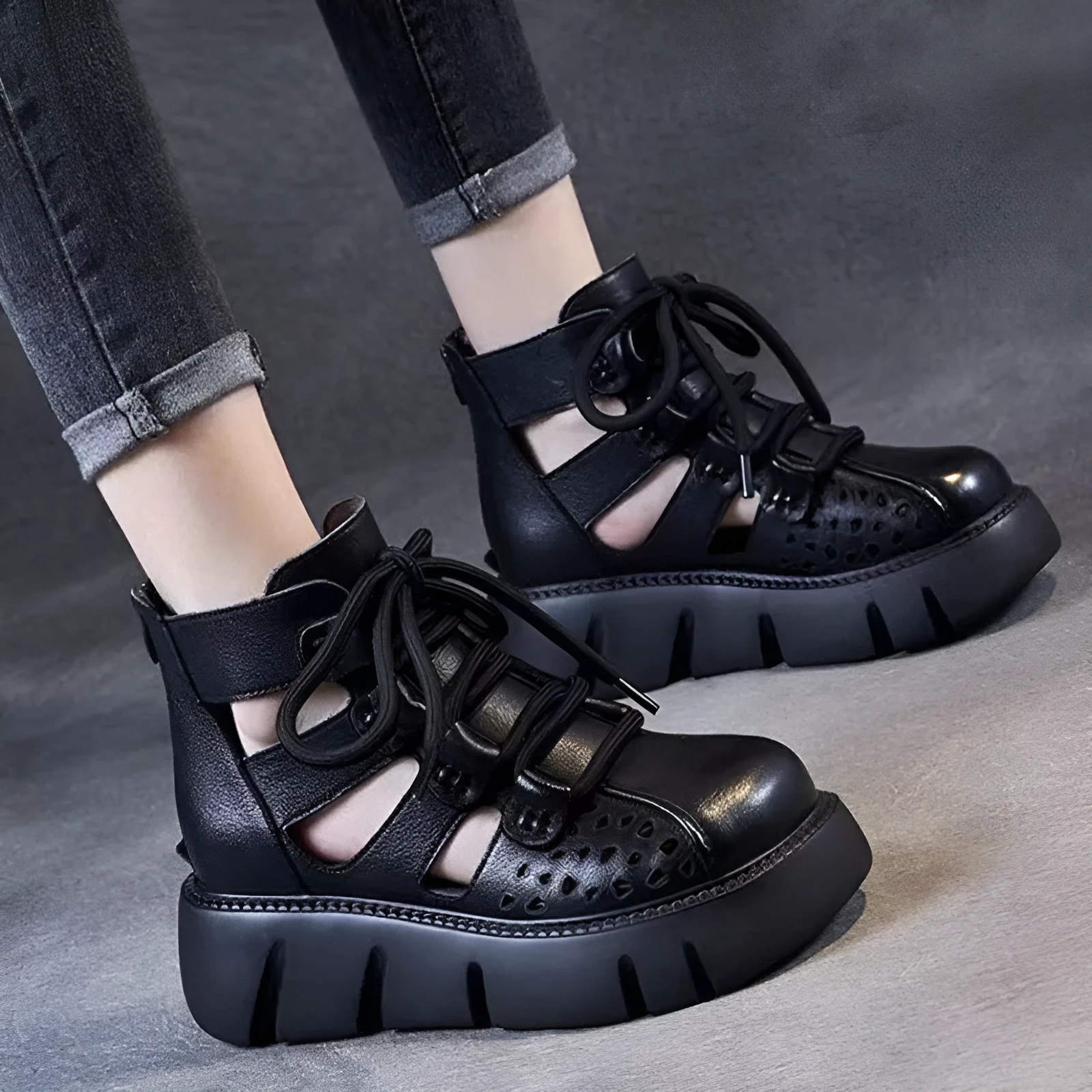 Women's black platform sandals with fish mouth toe and hollow hole design on plush upper