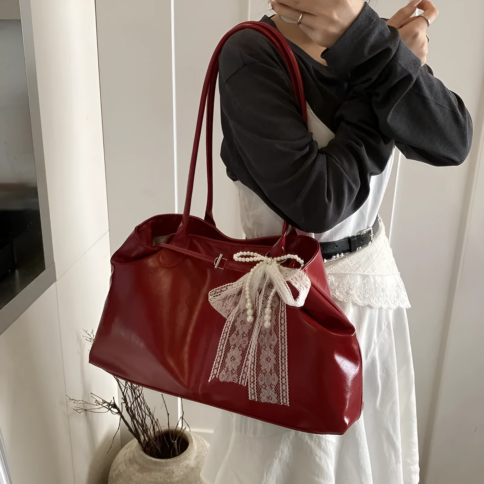 Large capacity horizontal square PU tote shoulder bag in black with double straps and optional pendant