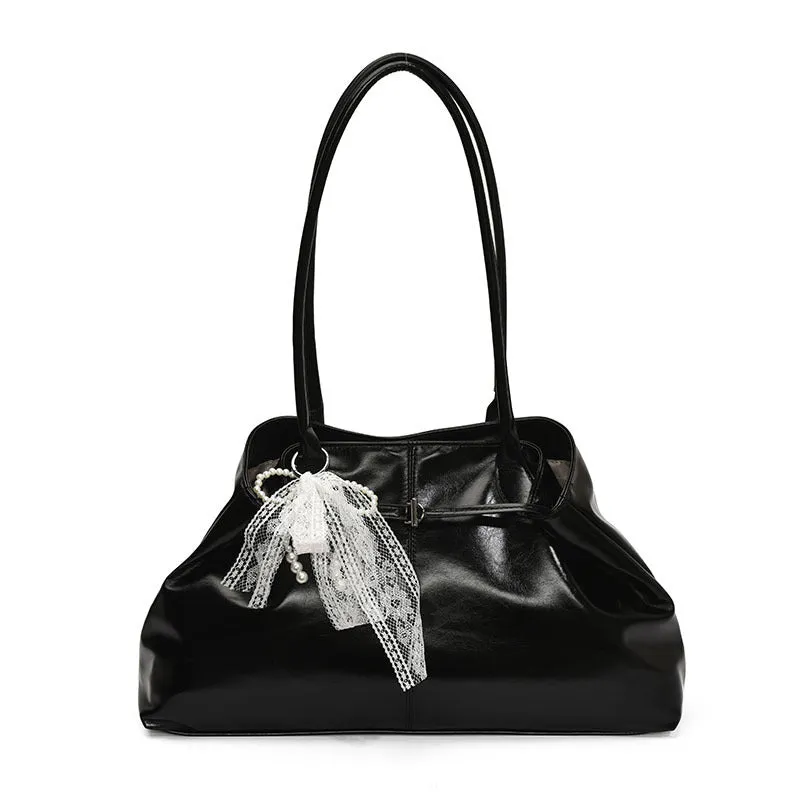 Large capacity horizontal square PU tote shoulder bag in black with double straps and optional pendant