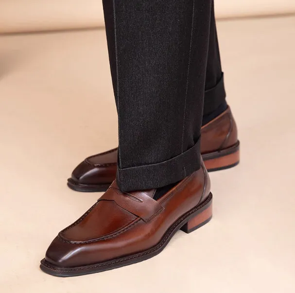 Men's genuine leather slip-on casual shoes in brown with top-grain cowhide upper and rubber sole