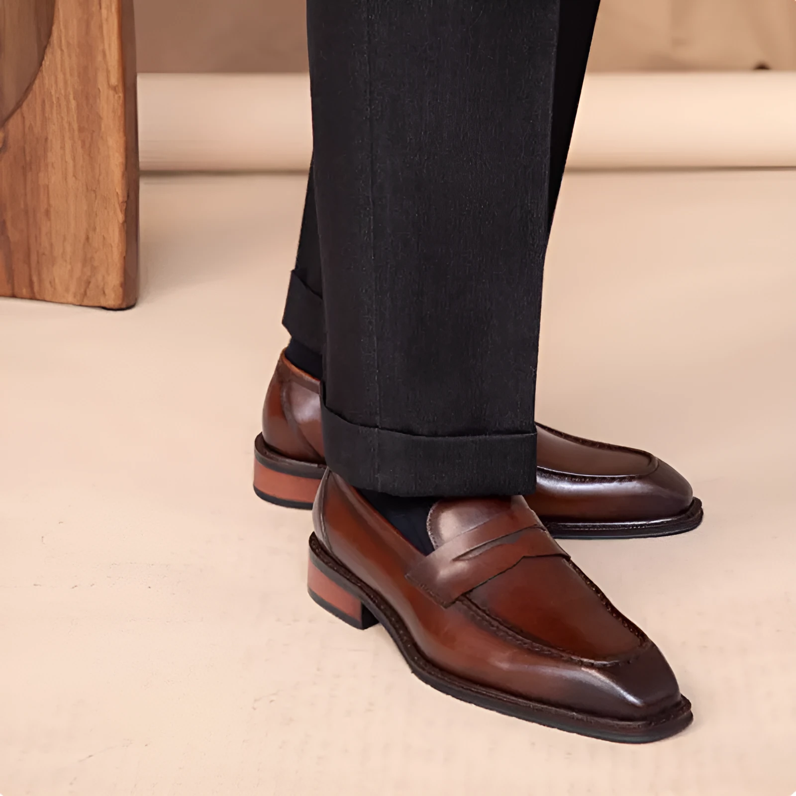 Men's genuine leather slip-on casual shoes in brown with top-grain cowhide upper and rubber sole