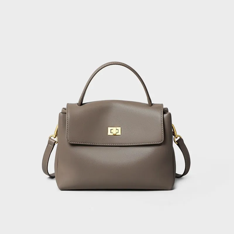 High-grade genuine leather women's postman handbag in grey viney with lock closure and sandwich pocket