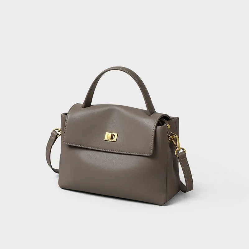 High-grade genuine leather women's postman handbag in grey viney with lock closure and sandwich pocket
