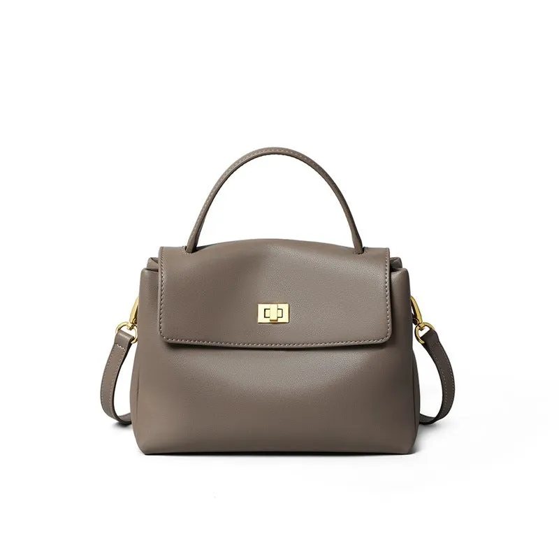 High-grade genuine leather women's postman handbag in grey viney with lock closure and sandwich pocket