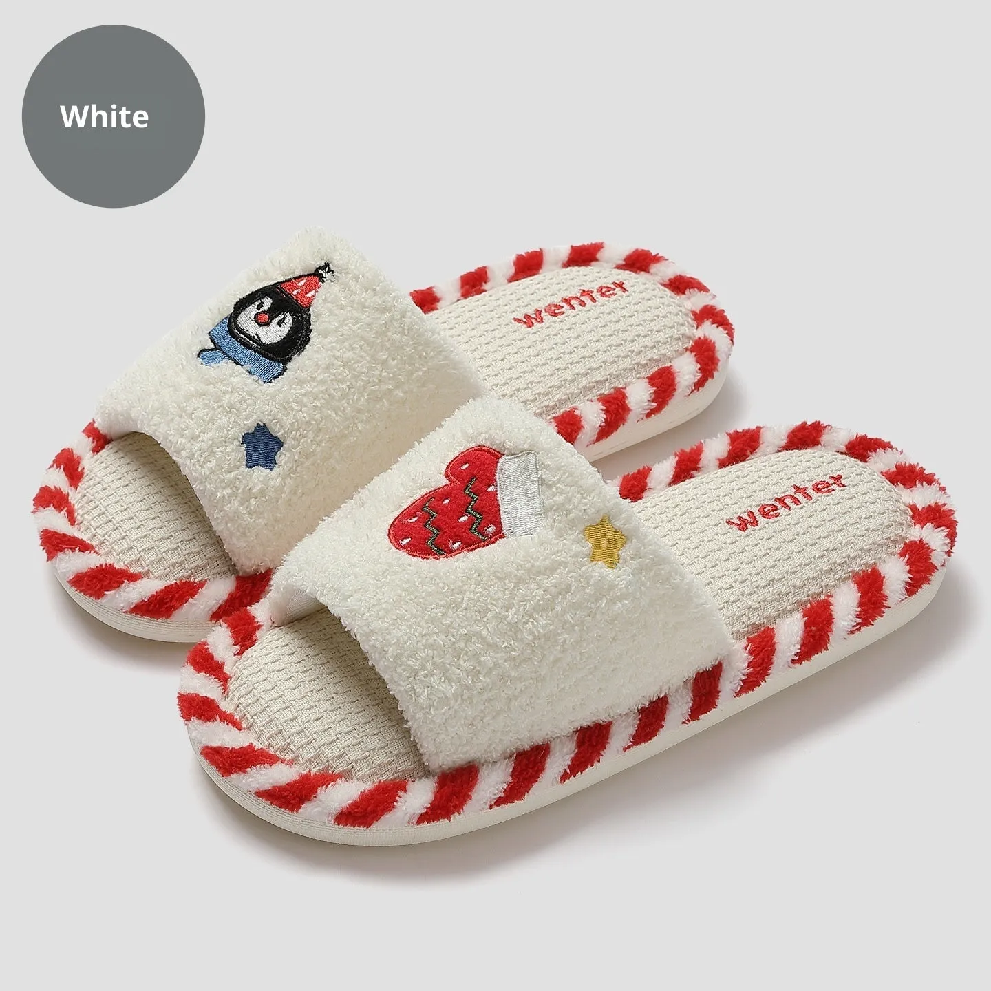 Breathable sweat-absorbent fluffy home slippers with plush upper and PVC sole in colours black, blue, gray and white
