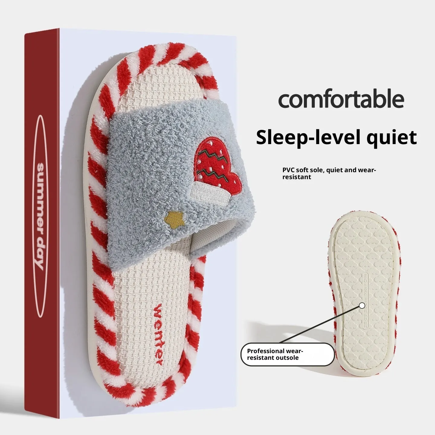 Breathable sweat-absorbent fluffy home slippers with plush upper and PVC sole in colours black, blue, gray and white