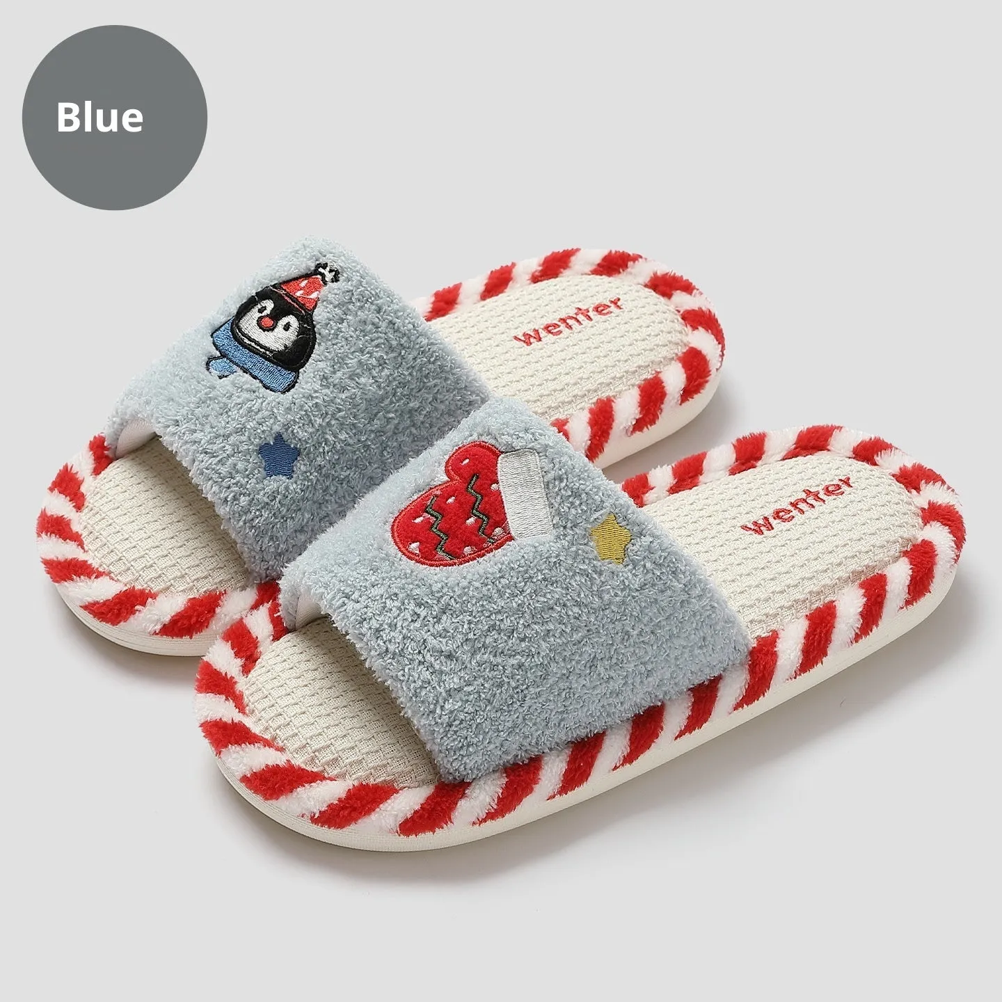 Breathable sweat-absorbent fluffy home slippers with plush upper and PVC sole in colours black, blue, gray and white