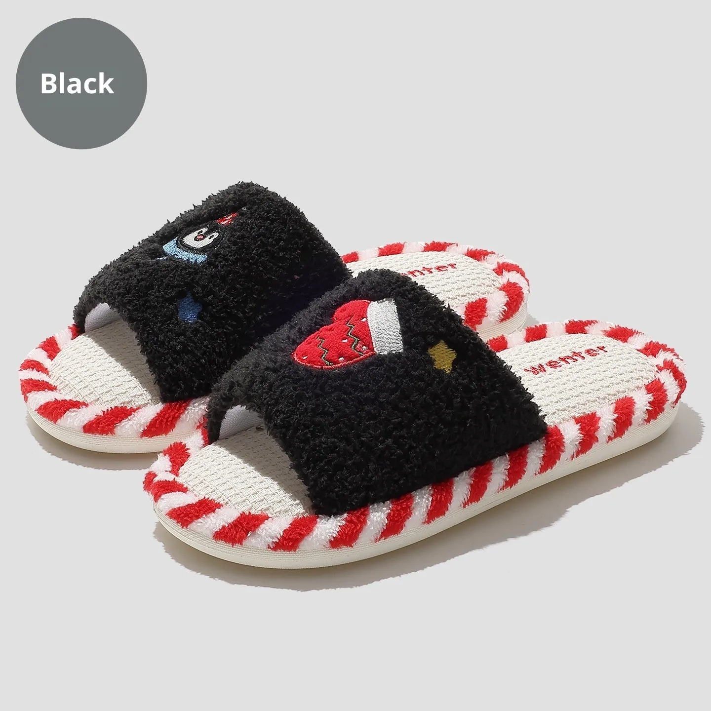 Breathable sweat-absorbent fluffy home slippers with plush upper and PVC sole in colours black, blue, gray and white