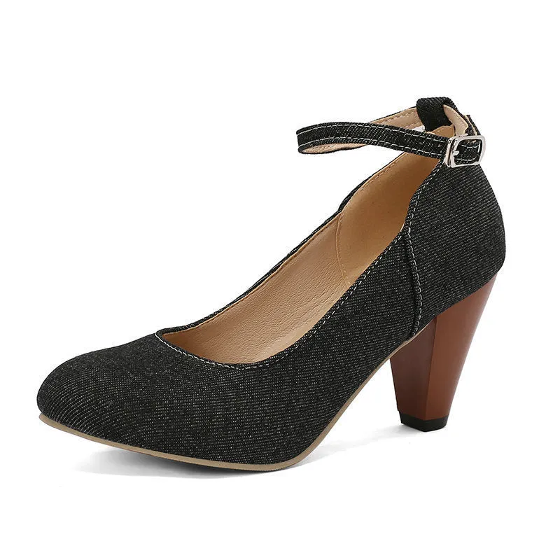Women's blue denim platform heel boots with buckle fastening and waterproof construction