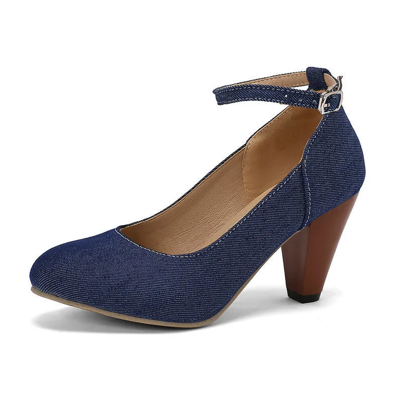 Women's blue denim platform heel boots with buckle fastening and waterproof construction