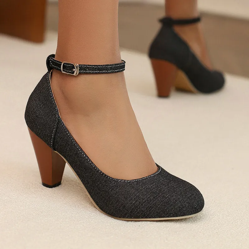 Women's blue denim platform heel boots with buckle fastening and waterproof construction