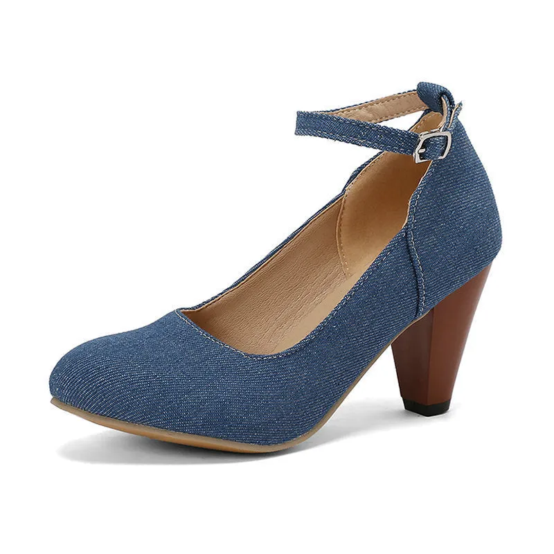 Women's blue denim platform heel boots with buckle fastening and waterproof construction