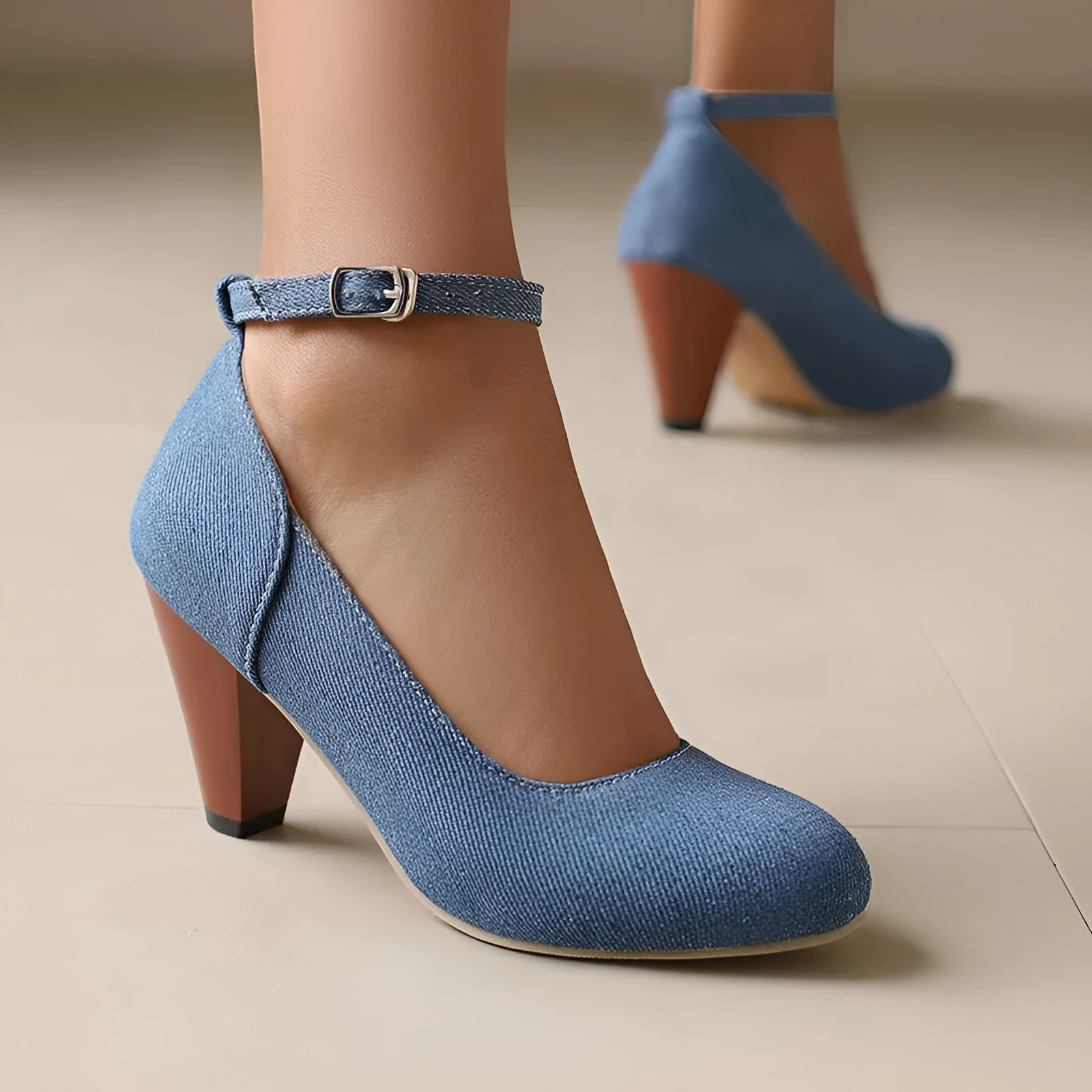 Women's blue denim platform heel boots with buckle fastening and waterproof construction