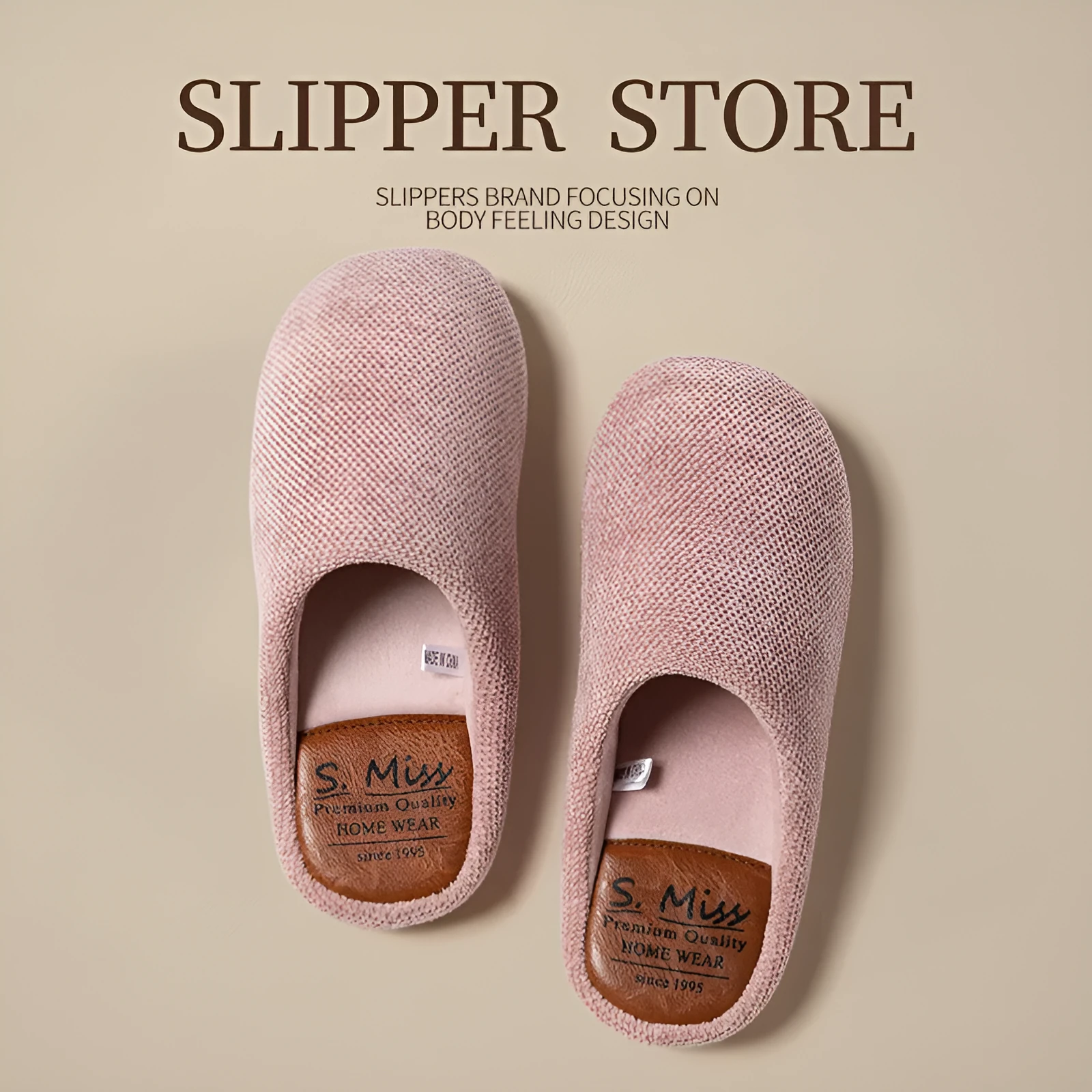 Indoor mute household bedroom floor slippers with suede upper and beef tendon sole in burgundy colour