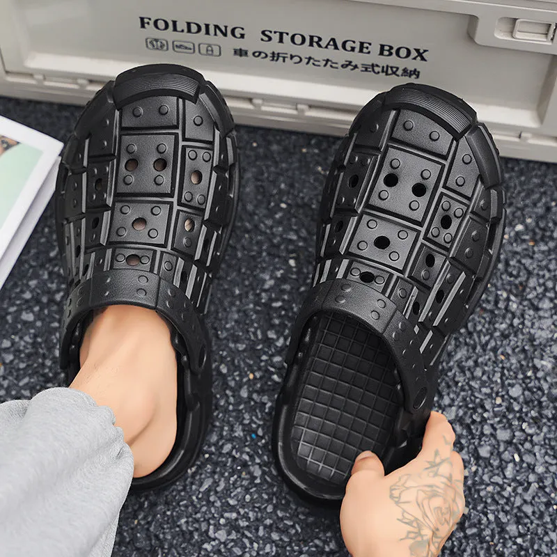 Men's black EVA slippers with thick textured non-slip sole and heel holder design