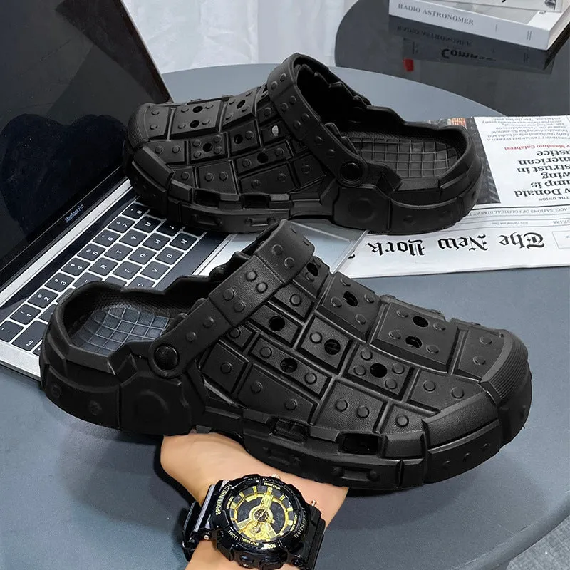 Men's black EVA slippers with thick textured non-slip sole and heel holder design