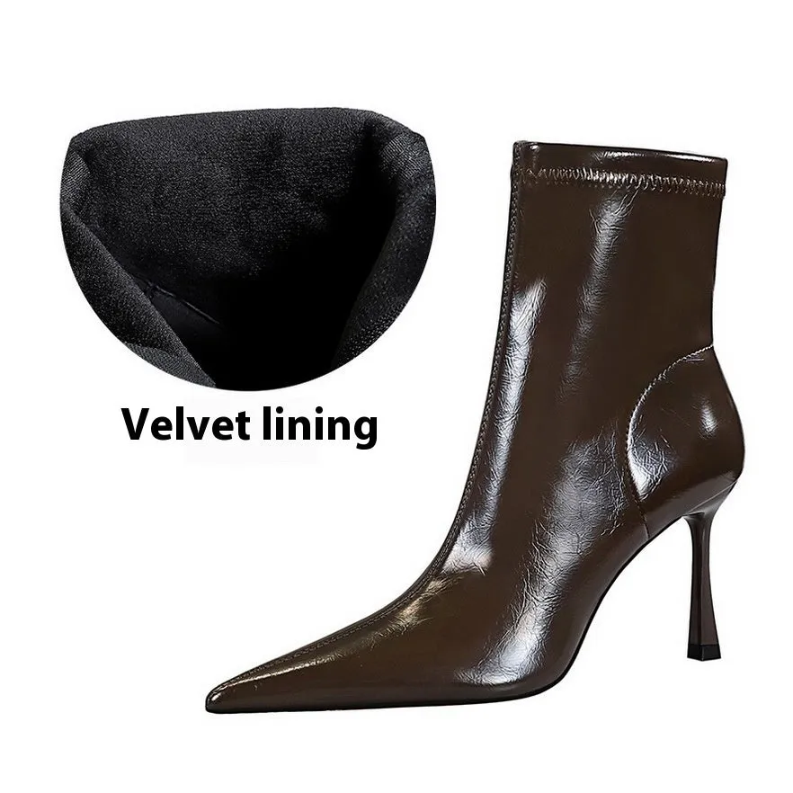 Women's black short stiletto heel boots with super high heel over 8cm and cotton lining