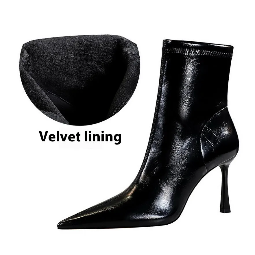 Women's black short stiletto heel boots with super high heel over 8cm and cotton lining