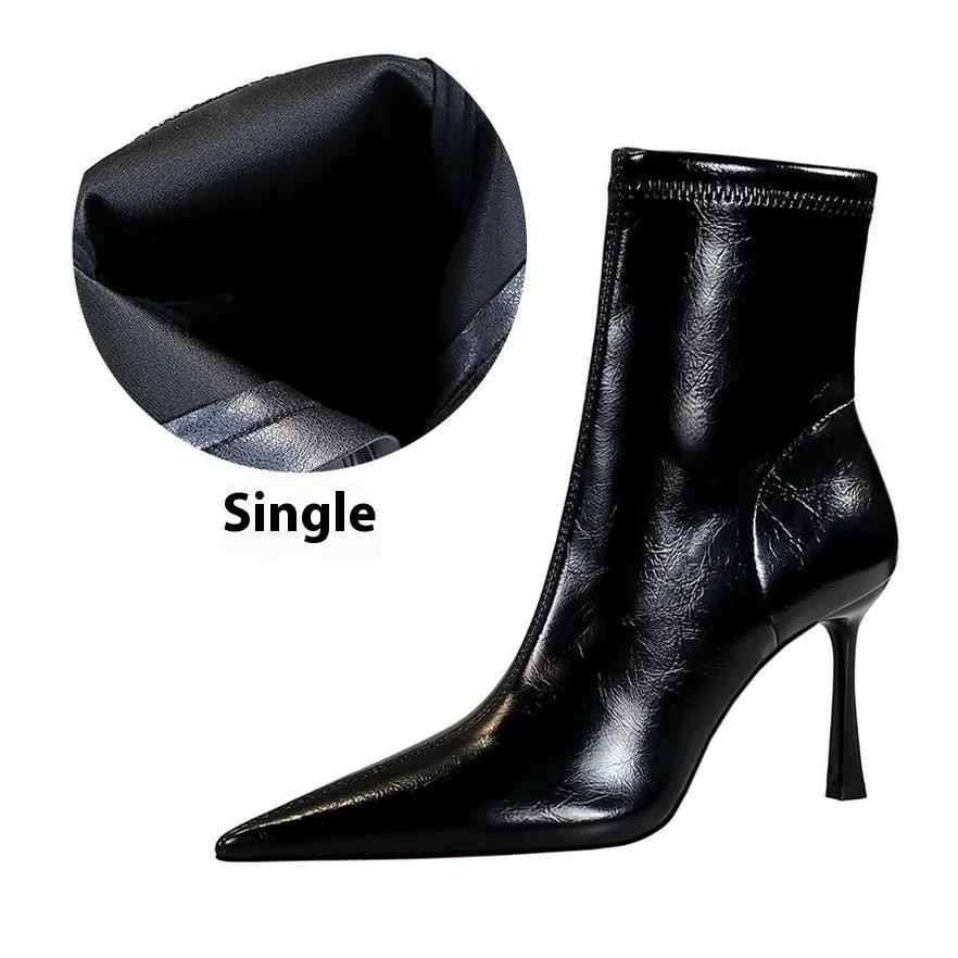 Women's black short stiletto heel boots with super high heel over 8cm and cotton lining