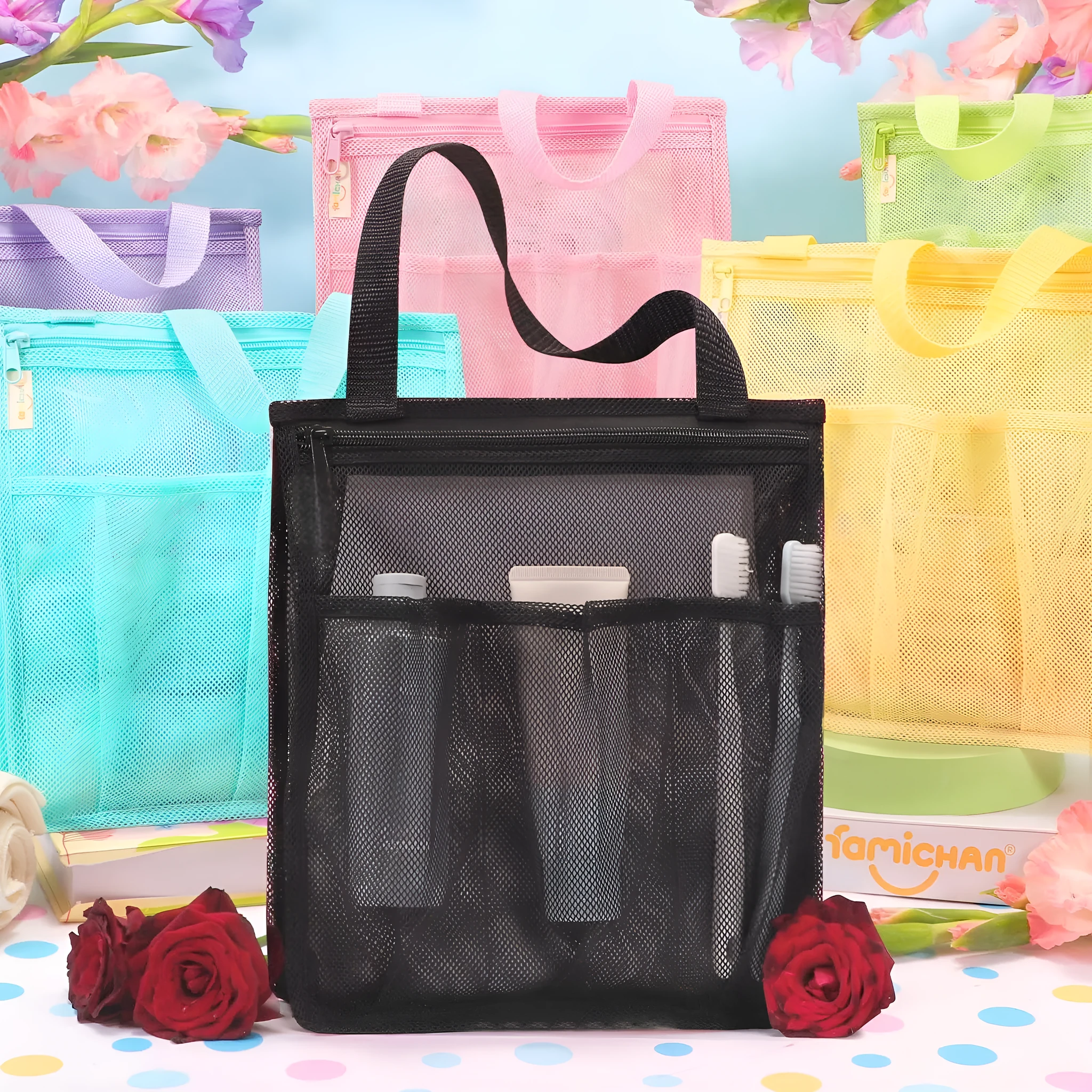 Black swimming gym bag with dry wet separation compartments and mesh pocket for sports gear organisation
