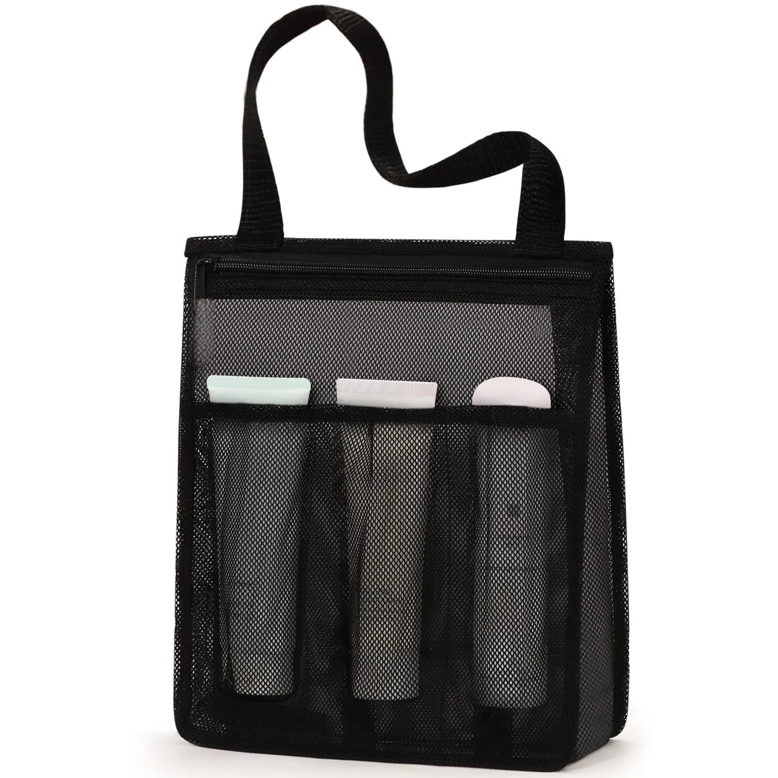Black swimming gym bag with dry wet separation compartments and mesh pocket for sports gear organisation