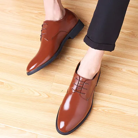 Men's leather business formal shoes with pointed toe and PVC sole in black and brown colour options, sizes 38-46