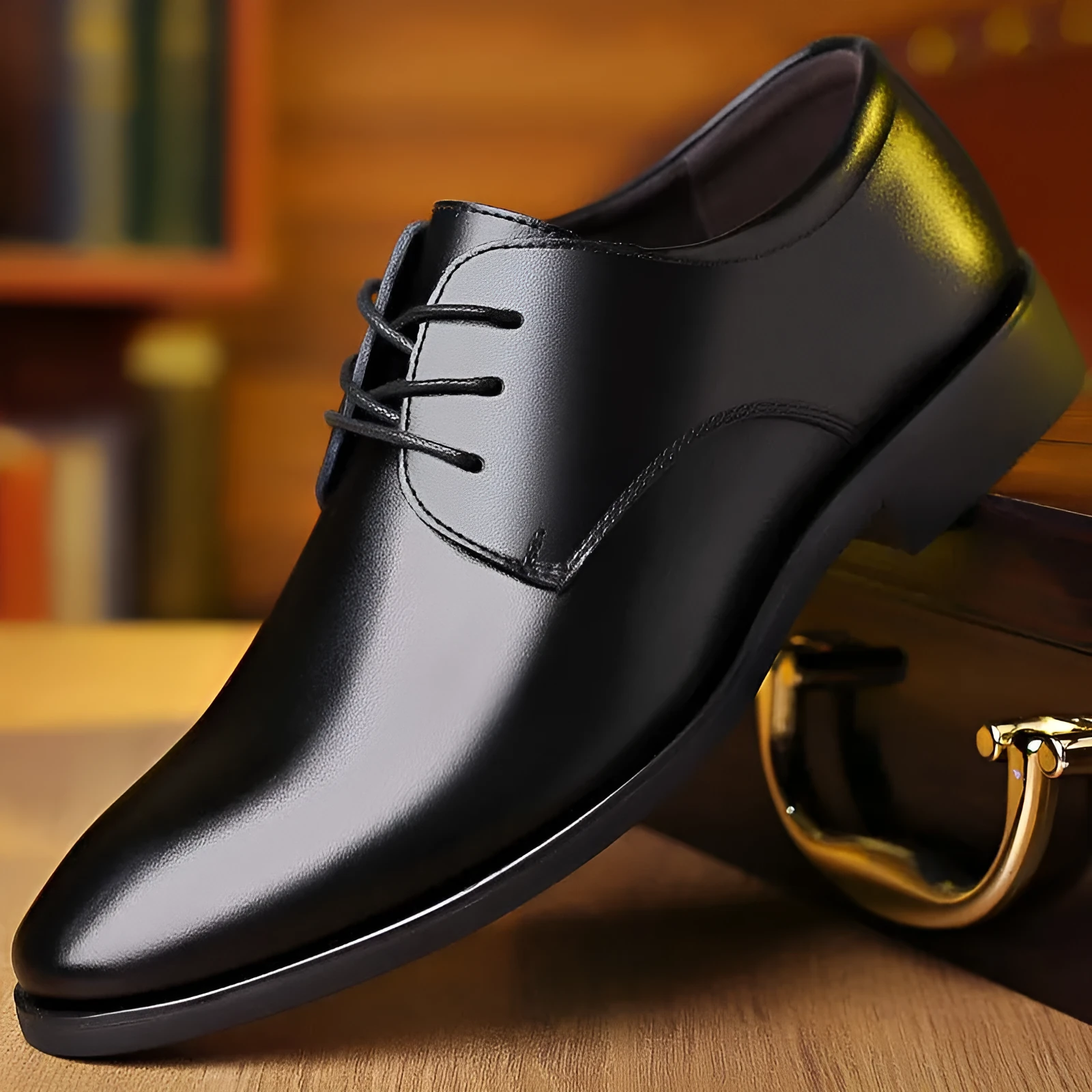 Men's leather business formal shoes with pointed toe and PVC sole in black and brown colour options, sizes 38-46