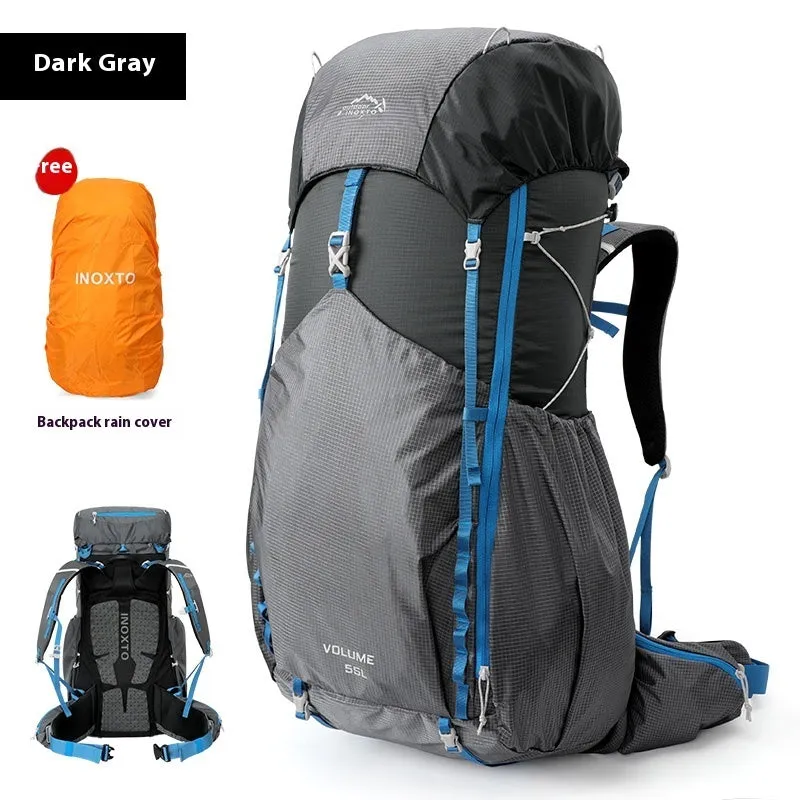Large capacity hiking backpack in plum colour, polyester material, with optional water bag, outdoor use