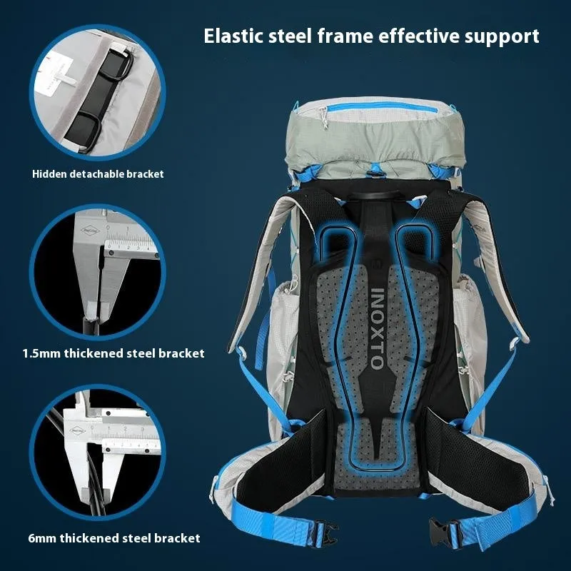 Large capacity hiking backpack in plum colour, polyester material, with optional water bag, outdoor use