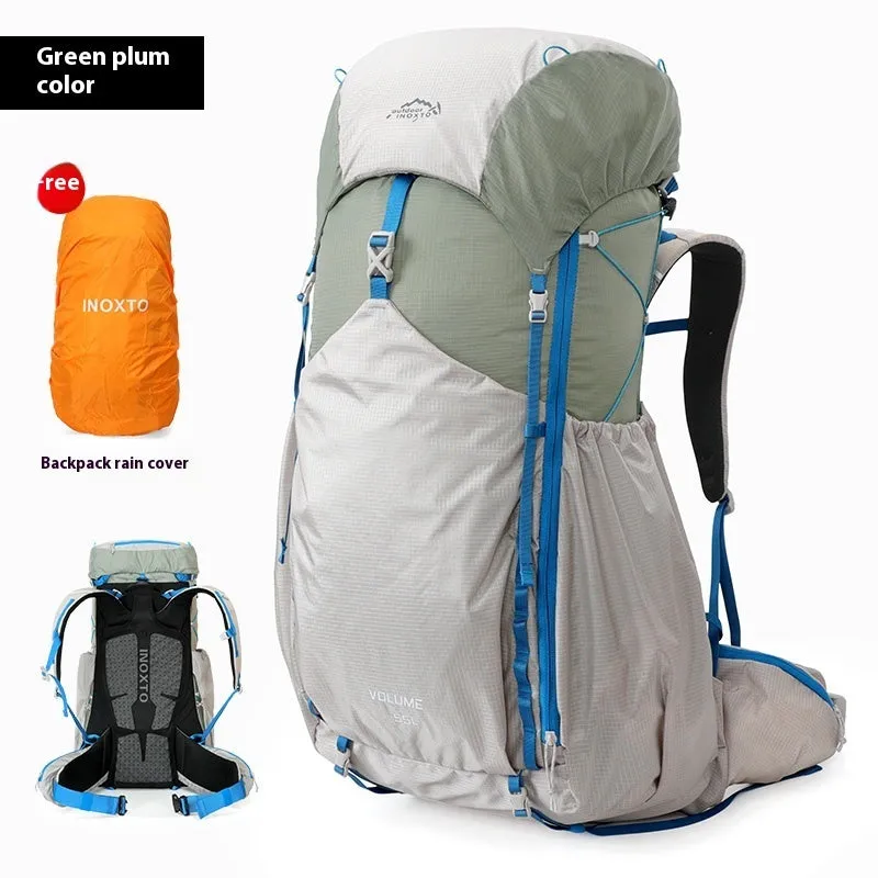 Large capacity hiking backpack in plum colour, polyester material, with optional water bag, outdoor use