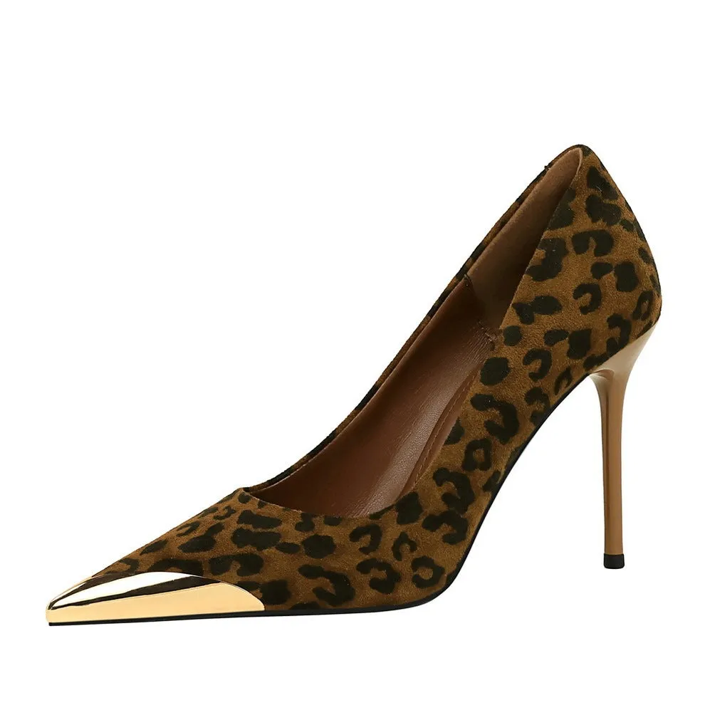 Women's suede leopard-print pointed stiletto heels with super high heel over 8cm