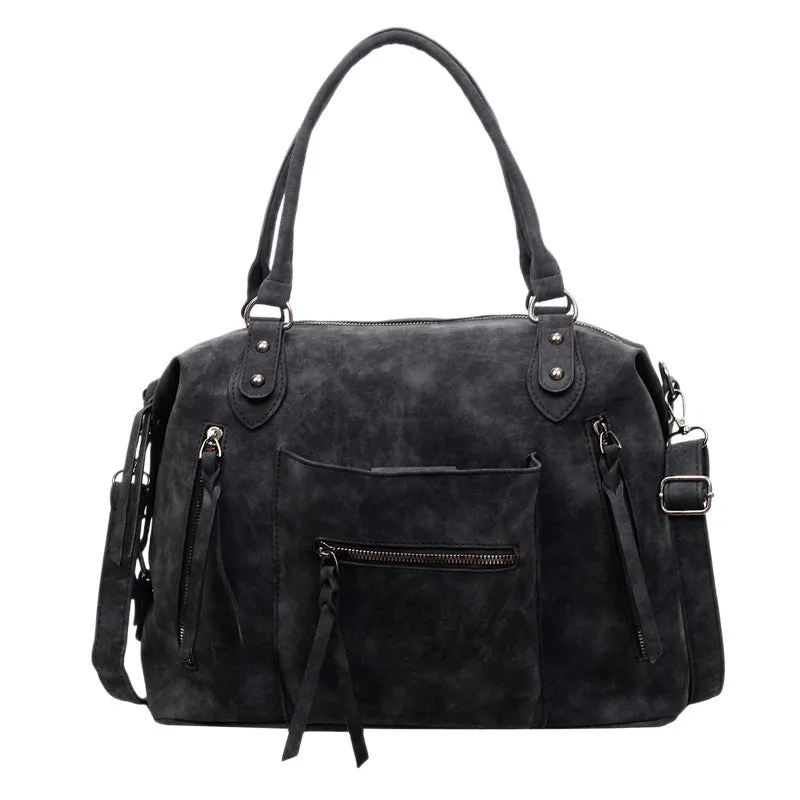 Retro textured women's messenger bag in black PU with stitching detail, 36x25x13cm