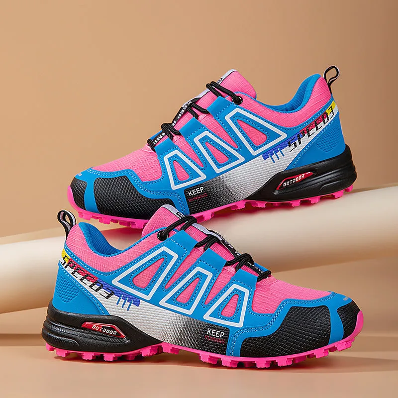 Breathable large size hiking shoes front lace-up leather upper non-slip natural rubber outsole in purple colour