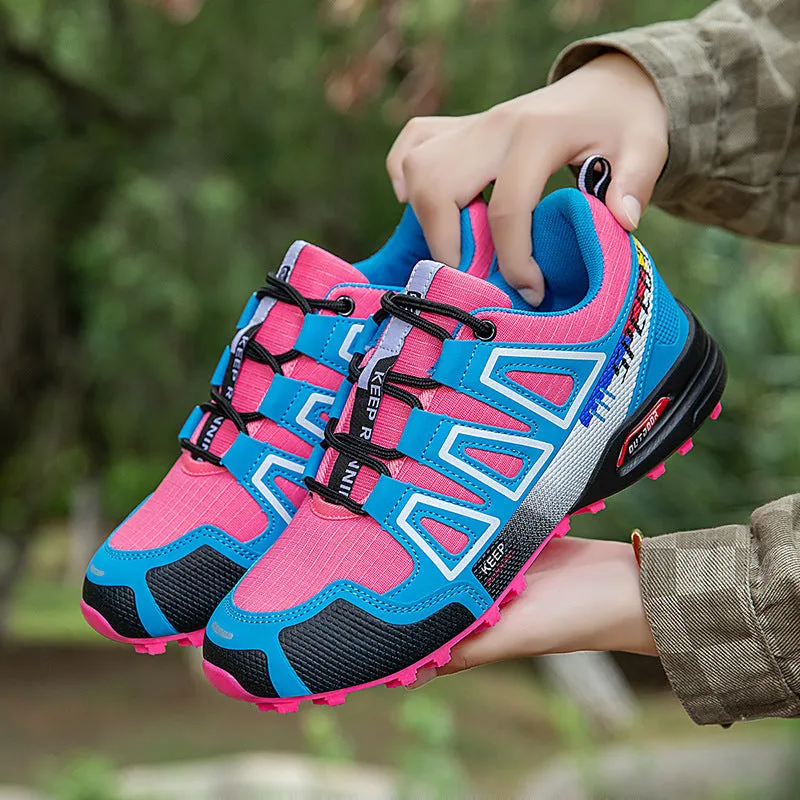 Breathable large size hiking shoes front lace-up leather upper non-slip natural rubber outsole in purple colour