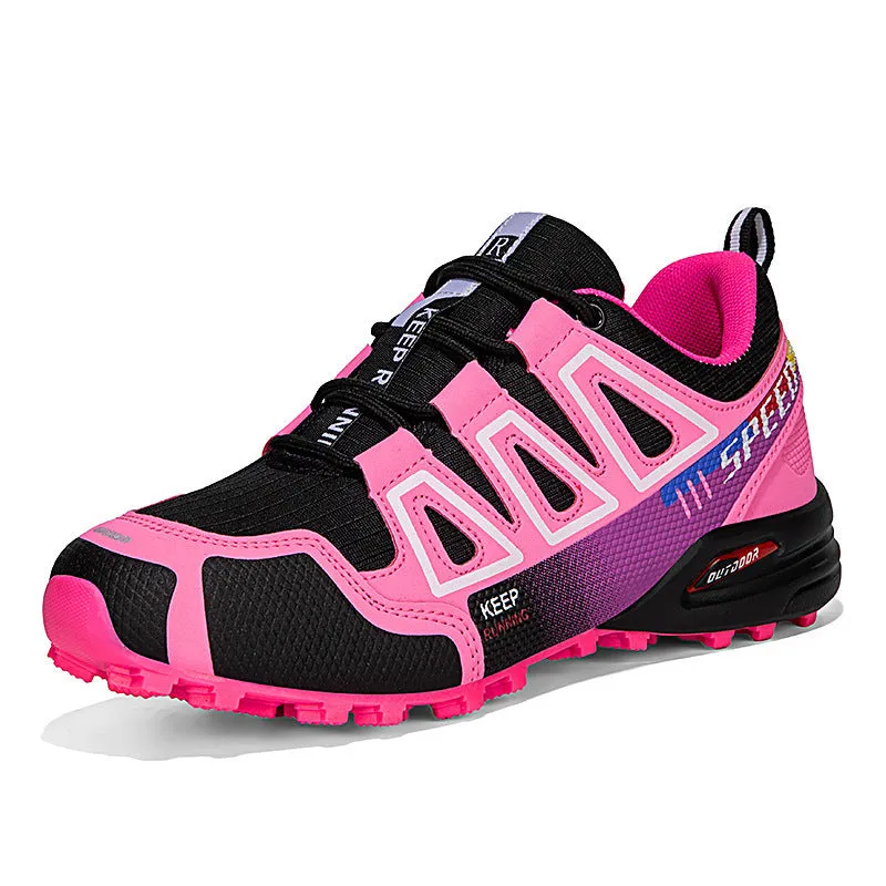 Breathable large size hiking shoes front lace-up leather upper non-slip natural rubber outsole in purple colour