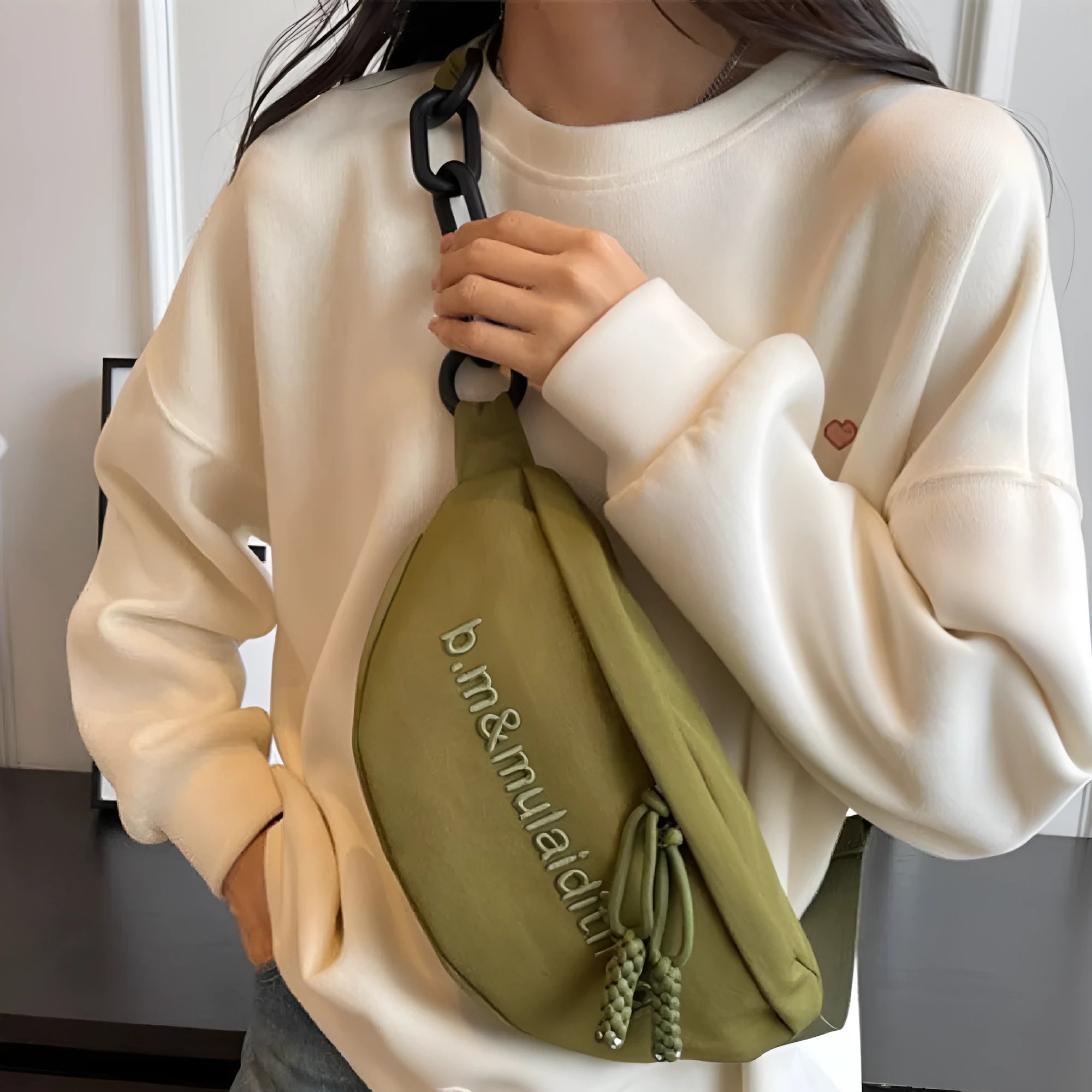 Women's soft nylon shoulder bag with embroidery letter and chain detail, Urban Simplicity style, available in multiple colours