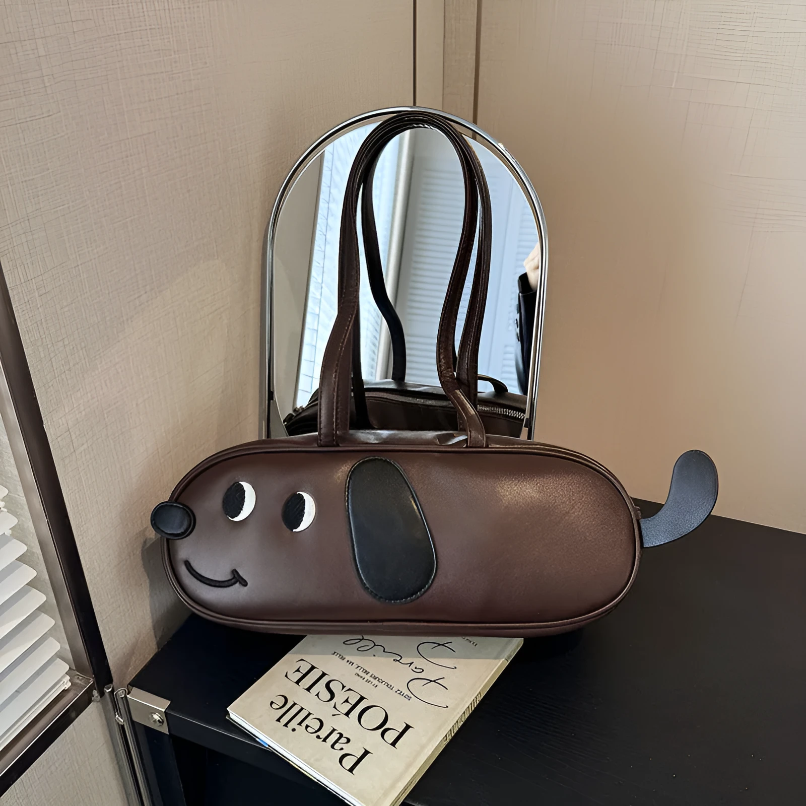 Sausage dog crossbody bag coffee brown retro frosted horizontal square PU handbag with single shoulder strap