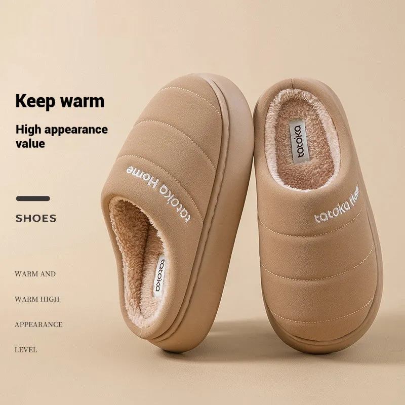 New cotton waterproof fleece lined non-slip platform slippers with EVA sole in khaki colour, flat heel 3.0 cm