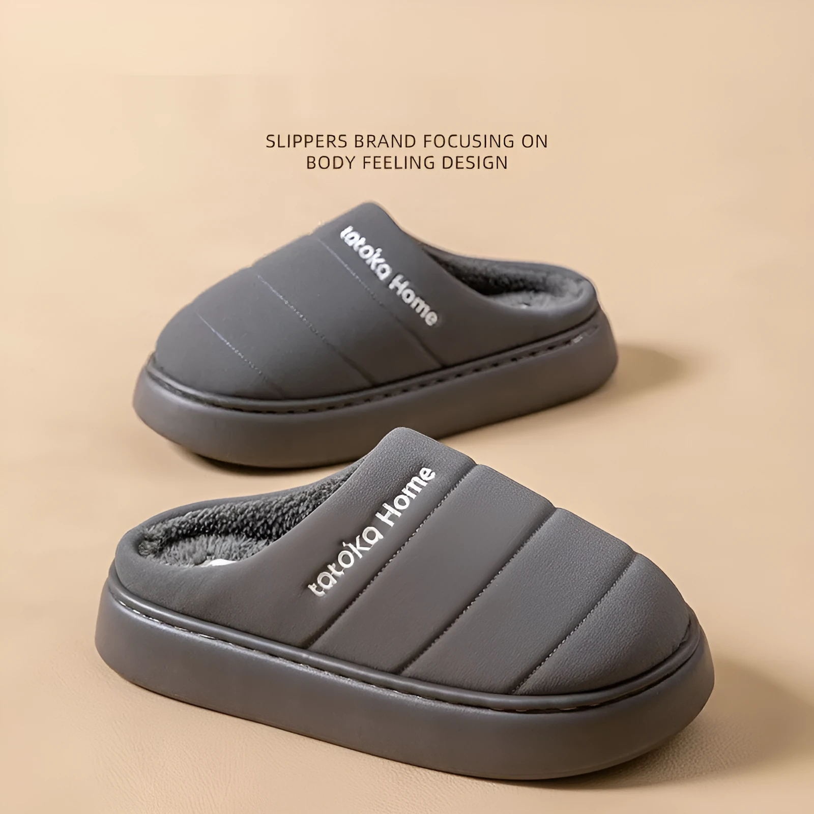 New cotton waterproof fleece lined non-slip platform slippers with EVA sole in khaki colour, flat heel 3.0 cm