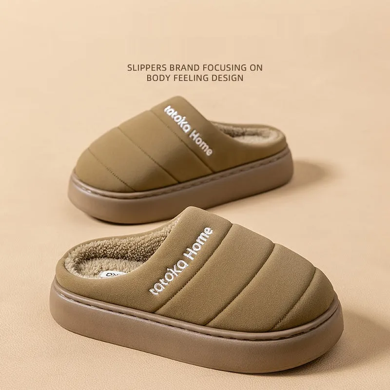 New cotton waterproof fleece lined non-slip platform slippers with EVA sole in khaki colour, flat heel 3.0 cm