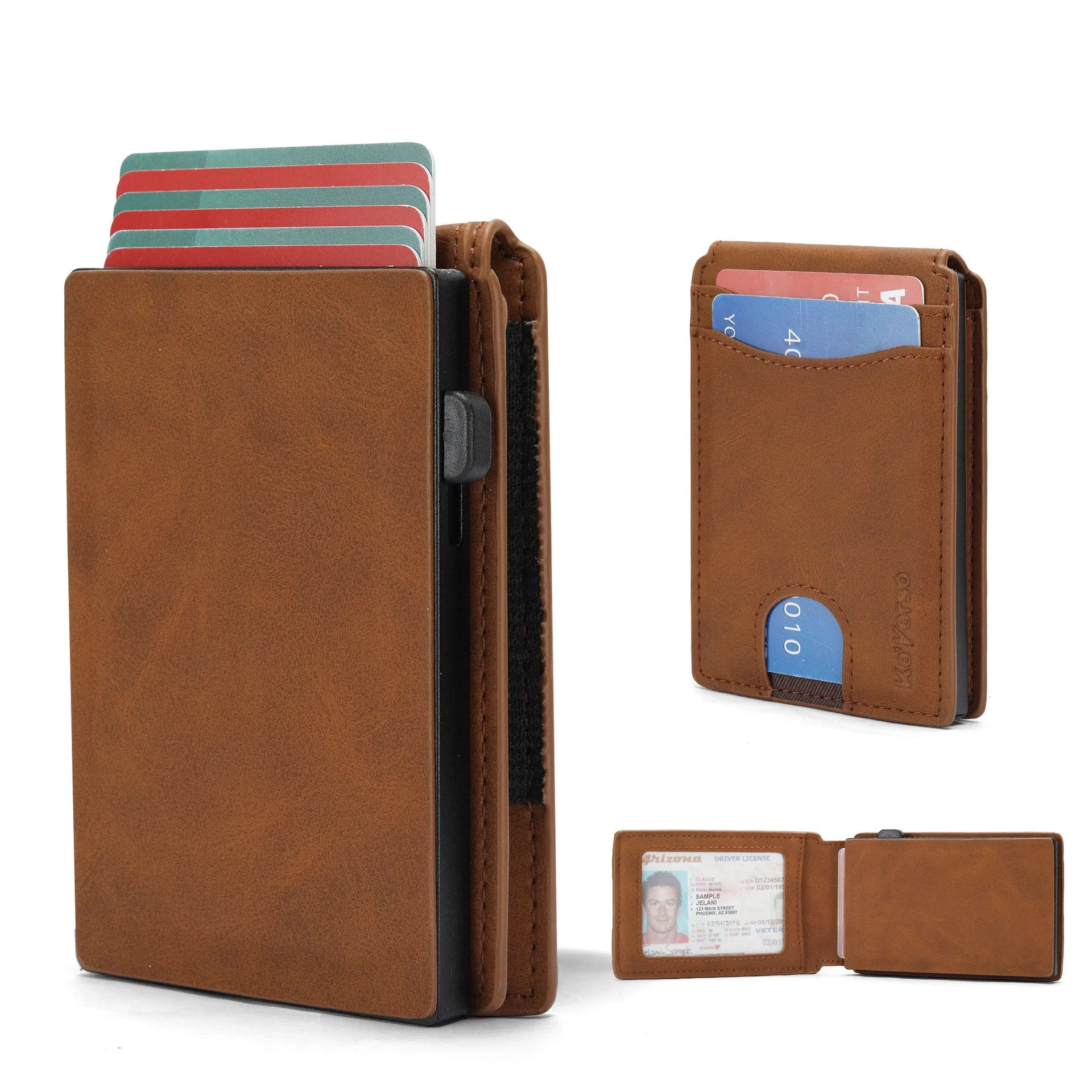 Men's synthetic leather card holder with RFID blocking in black, dark brown, and light brown colours showing card slots and front pocket