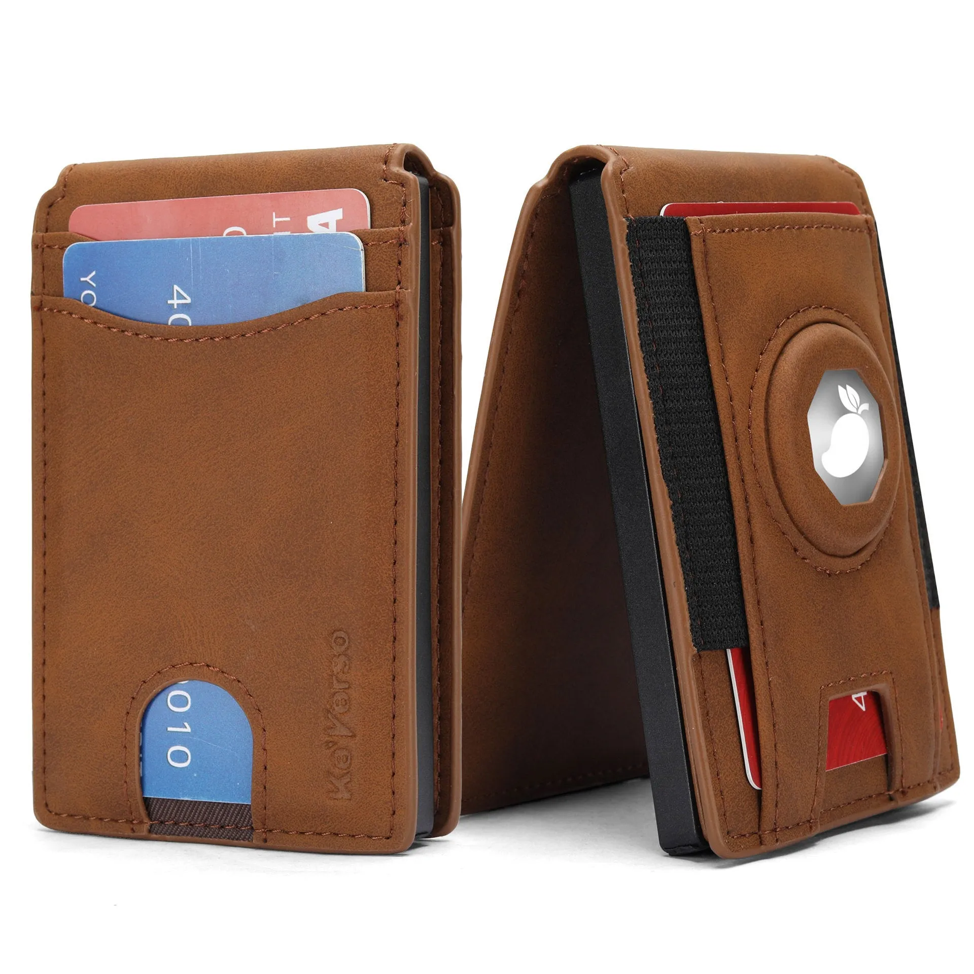 Men's synthetic leather card holder with RFID blocking in black, dark brown, and light brown colours showing card slots and front pocket