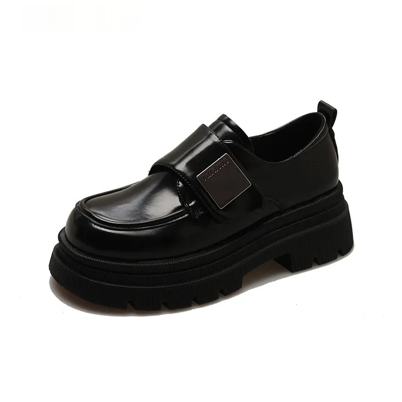 Women's black chunky heel shoes with square heel, microfiber upper, and round toe