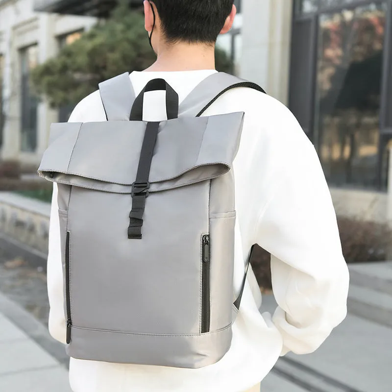 Men's grey nylon business leisure backpack with breathable back panel and zipped compartments