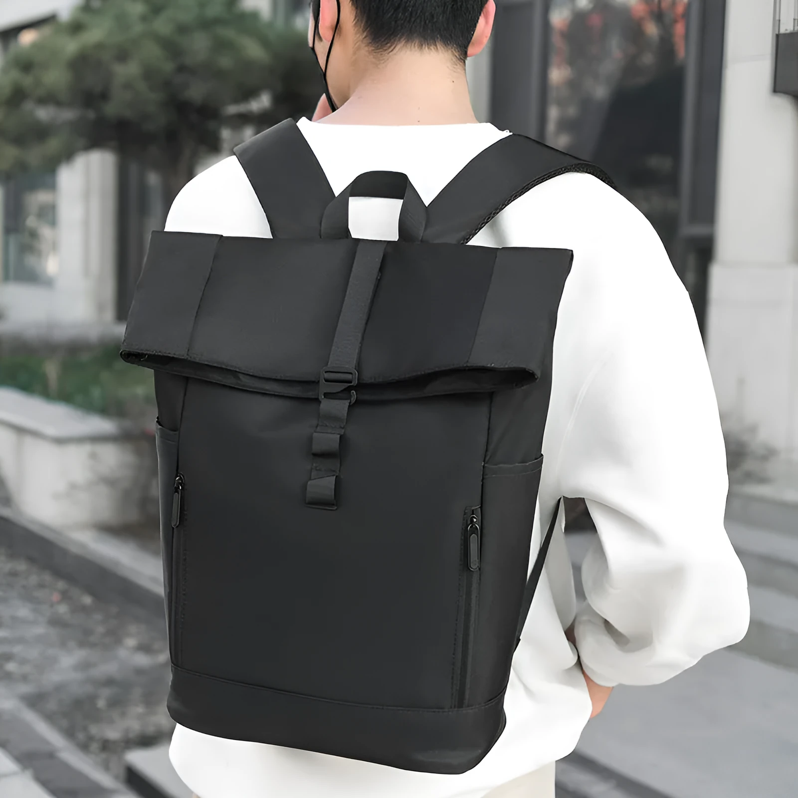 Men's grey nylon business leisure backpack with breathable back panel and zipped compartments