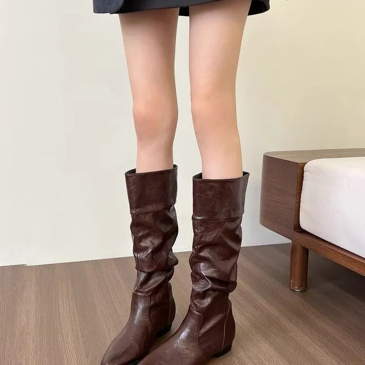 Women's retro square heel knee high boots in beige with pointed toe and hidden height increase