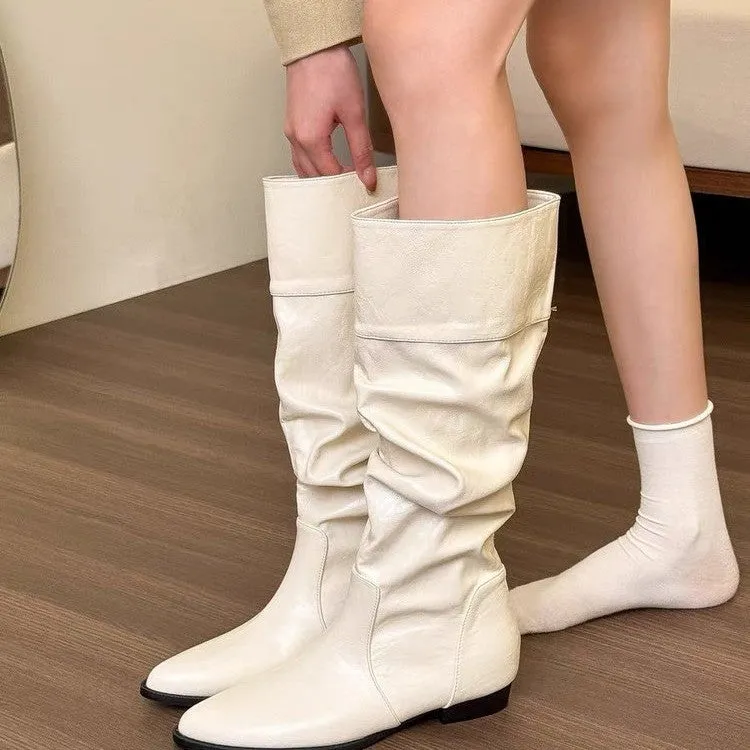 Women's retro square heel knee high boots in beige with pointed toe and hidden height increase